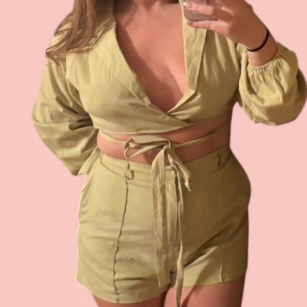 Stylish Green Wrap Top and Shorts Set